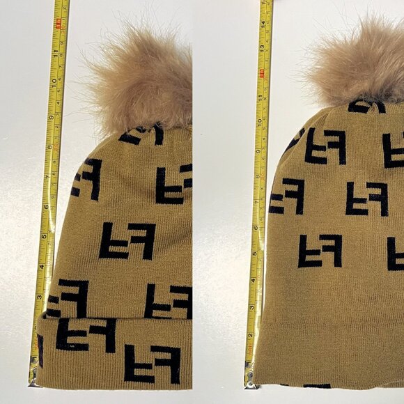 Knit Beanie Tuque with Faux Fur Pom – Brown & Tan Double F Pattern Hat - Picture 16 of 16